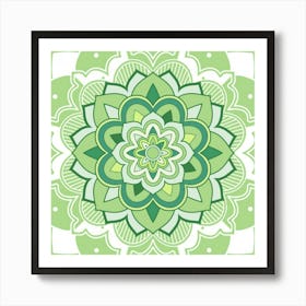 Floral Green Mandala White Art Print