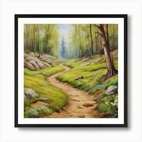 Path In The Woods.A dirt footpath in the forest. Spring season. Wild grasses on both ends of the path. Scattered rocks. Oil colors.14 Art Print