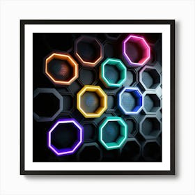 Hexagonal shapes with neon lights, futuristic, cyberpunk, background 4 Art Print