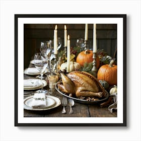 An Old World Thanksgiving Feast Waiting To Unroll In Watercolor Vintage Table Setting With Metallic (3) Art Print