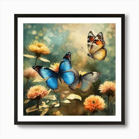 Three Butterflies And Flowers (1) Art Print
