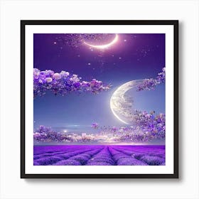 Moon And Lavender Field Art Print