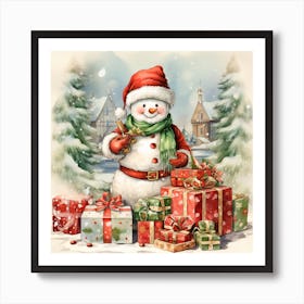 Snowman With Presents Art Print