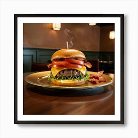 A Hot Mouth Watering Burger With Smoke Art Print