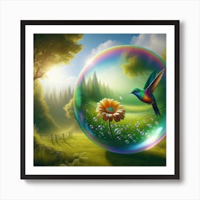 An iridescent giant bubble with a tinny hummingbird swirl in the air Art Print