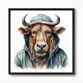 Watercolour Cartoon Wildebeest In A Hoodie 4 Art Print