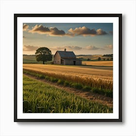 A Rolling Countryside With Golden Wheat Fields And A Quaint Farmhouse In The Distance (2) Art Print