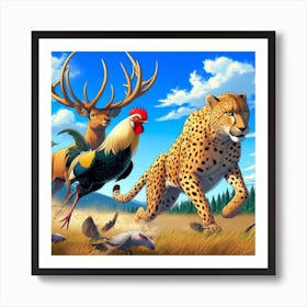 Cheetah And Rooster Art Print