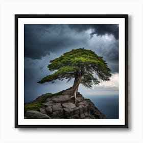 Lone Tree On A Rock, A Lone Tree Standing Strong On A Cliff Edge Against A Stormy Sky Representing The Courage Art Print