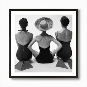 Three Women In Swimsuits, Vintage Fashion Black and White Old Photo Art Print