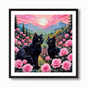 Black Cats In Pink Roses Art Print