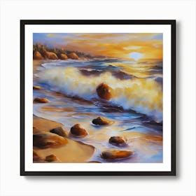 The sea. Beach waves. Beach sand and rocks. Sunset over the sea. Oil on canvas artwork.5 Art Print