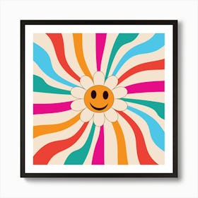 Smiling Flower on Retro Sunburst Art Print