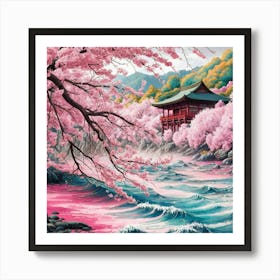 A stunningly vibrant watercolor illustration of a serene Japanese landscape featuring cherry blossoms. The foreground shows a river with gentle waves reflecting the pink hues of the blossoms. 2 Art Print