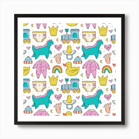 Baby Care Stuff Clothes Toys Cartoon Seamless Pattern Art Print