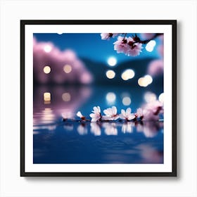 Pink Cherry Blossom on the Cobalt Blue Lake Art Print