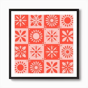 Traditional Portuguese Tiles In Bright Pink With Floral Motifs Square Art Print