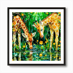 Giraffe Drinking Water- Giraffe Relative Art Print