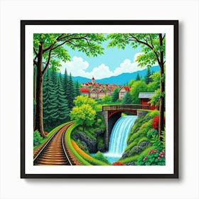 Train Tracks And Waterfall Art Print