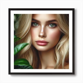 Blond Beauty With Green Leaves Art Print