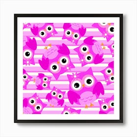 Pink Owls On A Striped Background Art Print