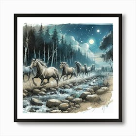 Horses In The Night Art Print