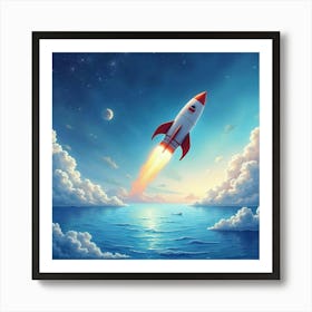 Rocket Navigating A Watercolor Tranquil Celestial Sea 1 Art Print