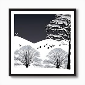 Winter Landscape With Birds 2 Art Print