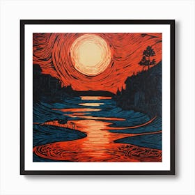 Sunrise Over The River Linocut Illustration Art Print