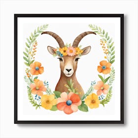 Floral Baby Ibex Nursery Illustration (30) Art Print