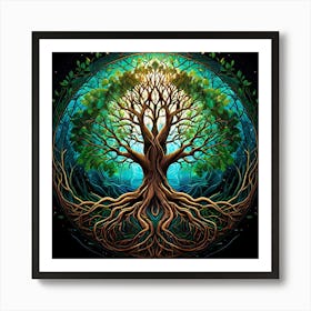 Tree Of Life, A Serene Forest Landscape With Wildlife Living In Harmony Art Print