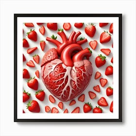 An Anatomical Heart Surrounded By Whole And Sliced Strawberries On A White Background Art Print