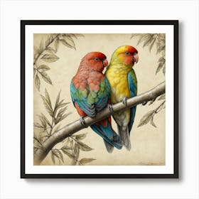 Two Parrots On A Branch Art Print