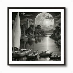 Moonlight Sailboats Art Print