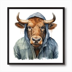 Watercolour Cartoon Wildebeest In A Hoodie 5 Art Print