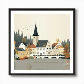 Autumn Village By The Lake Art Print