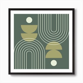 Mid Century Modern Geometric Abstract Rainbow, Sun and Moon Phases in Greenery Sage Green Art Print