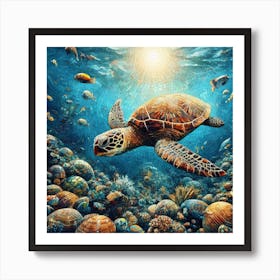At Home with Sea Turtle Mosaic Art Print