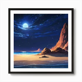 Moonlit Beach With Towering Rocks Under a Starry Night Sky Art Print