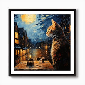Cat And Cafe Terrace At Night Van Gogh Inspired 05 Art Print