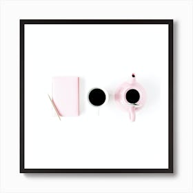 Pink Teapot And Cup Of Coffee Art Print