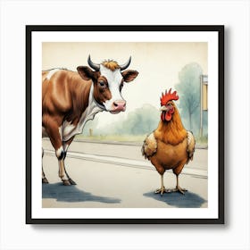 Cow And A Chicken Art Print