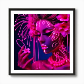 Neon Girl With Flowers Art Print