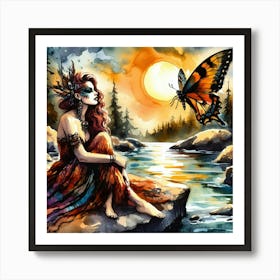 Watercolor Of A Woman With A Butterfly Art Print