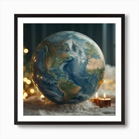 Earth Globe With Christmas Lights Art Print