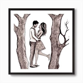 Couple Kissing In The Trees Art Print