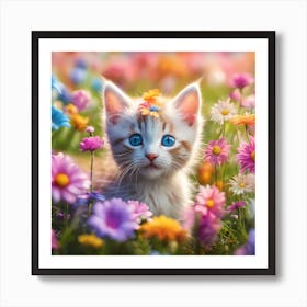 Colorful Kids Art Of A Kitten Playing In A Field Of Flowers Miki Asai Macro Photography Close Up Art Print