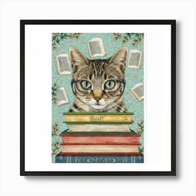 An art print featuring a detailed and whimsical portrait of a cat wearing glasses, surrounded by books and literary elements, capturing the charm of a feline book lover. This playful and delightful art print is ideal for cat enthusiasts and book lovers, adding a touch of whimsy and coziness to home decor. Art Print