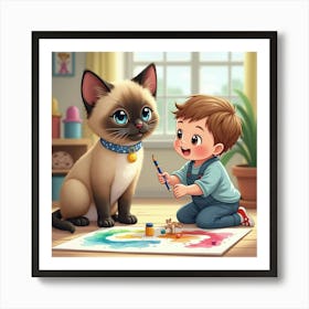 Sociable Siamese Cat Playing With A Toddler In A Watercolor Playroom 1 Art Print