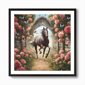 Horse In The Rose Garden Art Print